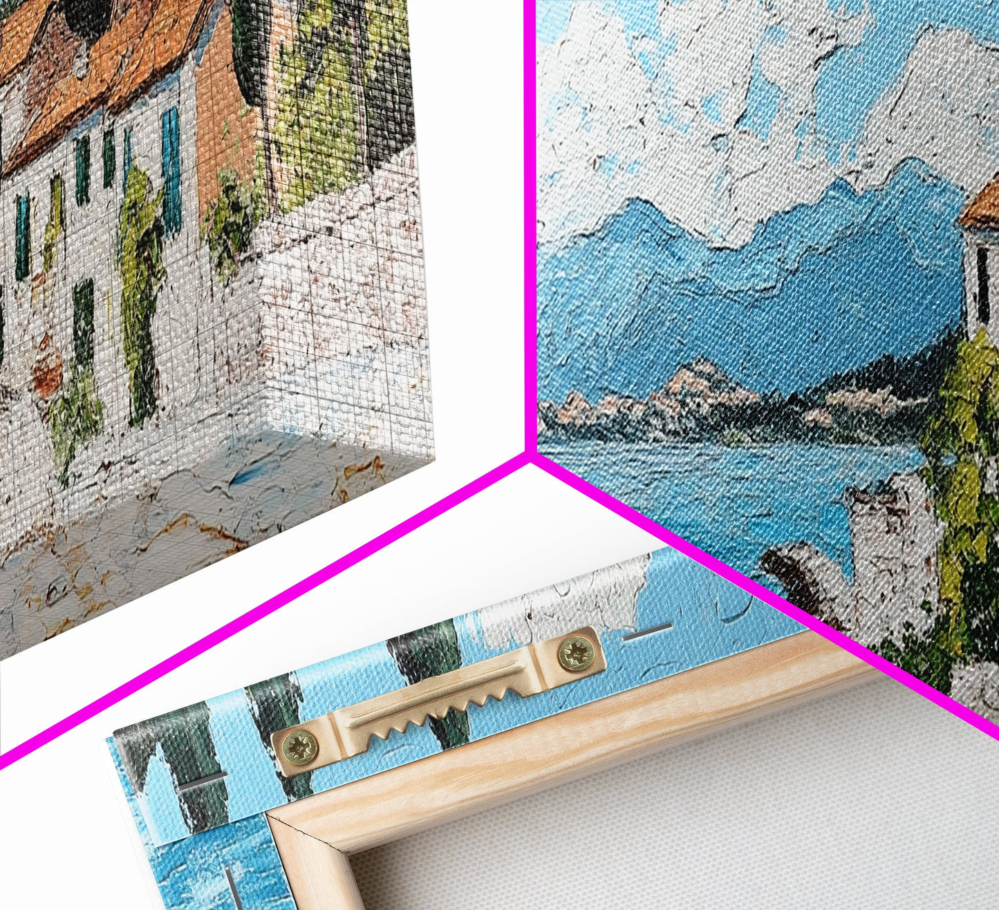 Impressionist Painting of an Italian Seaside Villa, Framed Canvas Print, Italy Village Decor, Ulta Wide Panoramic Landscape Painting