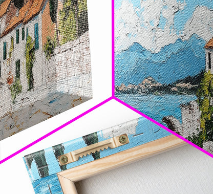 Impressionist Painting of an Italian Seaside Villa, Framed Canvas Print, Italy Village Decor, Ulta Wide Panoramic Landscape Painting