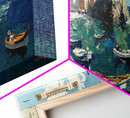 Italian Fishing Village, Vintage Style Canvas Print, Wood Framed Panoramic Wall Art, Italy Vacation Gift, Travel Gift Idea, Impressonist Seascape