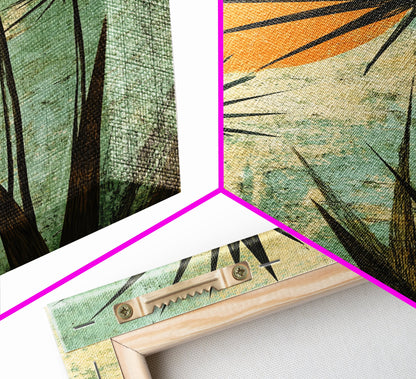 Abstract Palm Trees at Sunset, Framed Canvas Print, MCM Style Wall Art