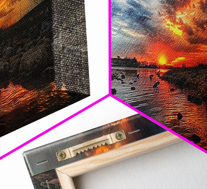 Sunset Over A Rocky River, Framed Canvas Print, Landscape Photography Style Wall Art, Beautiful Home Decor