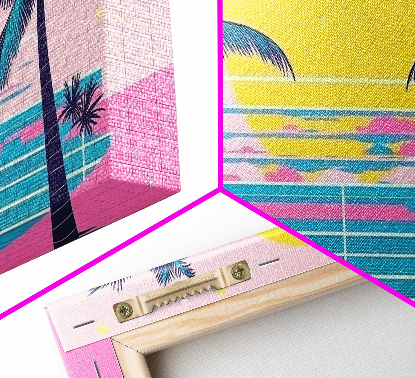 Retro Synthwave Wall Art, Outrun Home Decor Framed Canvas Print, Two Palm Trees and a Sunset