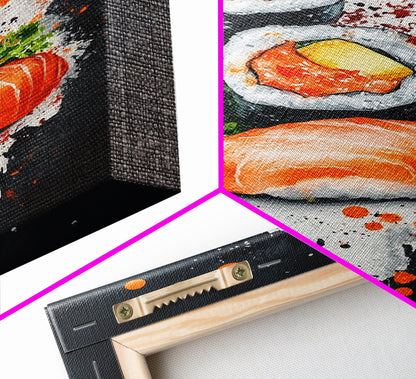 Abstract Oil Painting Canvas Print of Sushi on Black background, Food Review Kitchen Art, Kitchen Decor, Wabi Sabi Wall Art, Sushi Painting