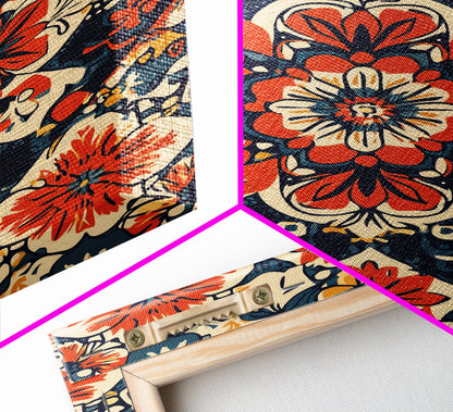 Floral Pattern Wall Art, Mexican Tile Pattern Framed Canvas Print, Chicano Art, Textile Inspired Wall Art, Southwestern Pueblo Style Art