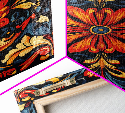 Botanical Floral Tile Pattern Framed Canvas Print, Southwestern Decor, Modern Farmhouse, Pueblo Style Art, Mexicano Chicano Art