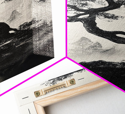 Bonzai Tree on a Cliff Wabi Sabi Painting Print, Wood Framed Wall Art, Bonzai Tree Art, Japanese Style Artwork