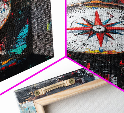 Compass Wall Art Framed Canvas Print, Travel Decor, Vacation Gift, Travel Gift, Home Decor, Compass Painting, Nautical Nursery Decor