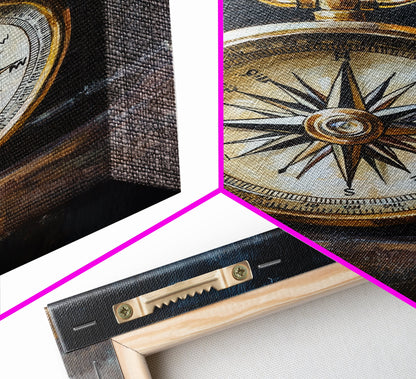 Weathered Compass Wall Art, Nautical Coastal Home Decor Wall Art Framed Canvas Print, Rustic Seaside Accent Piece, Statement Piece, Rustic Decor