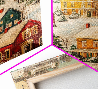 Retro Christmas Village Wall Art For Above Mantle, Framed Canvas Print, Christmas Home Decor, Christmas Wall Art, Christmas Postcard Art