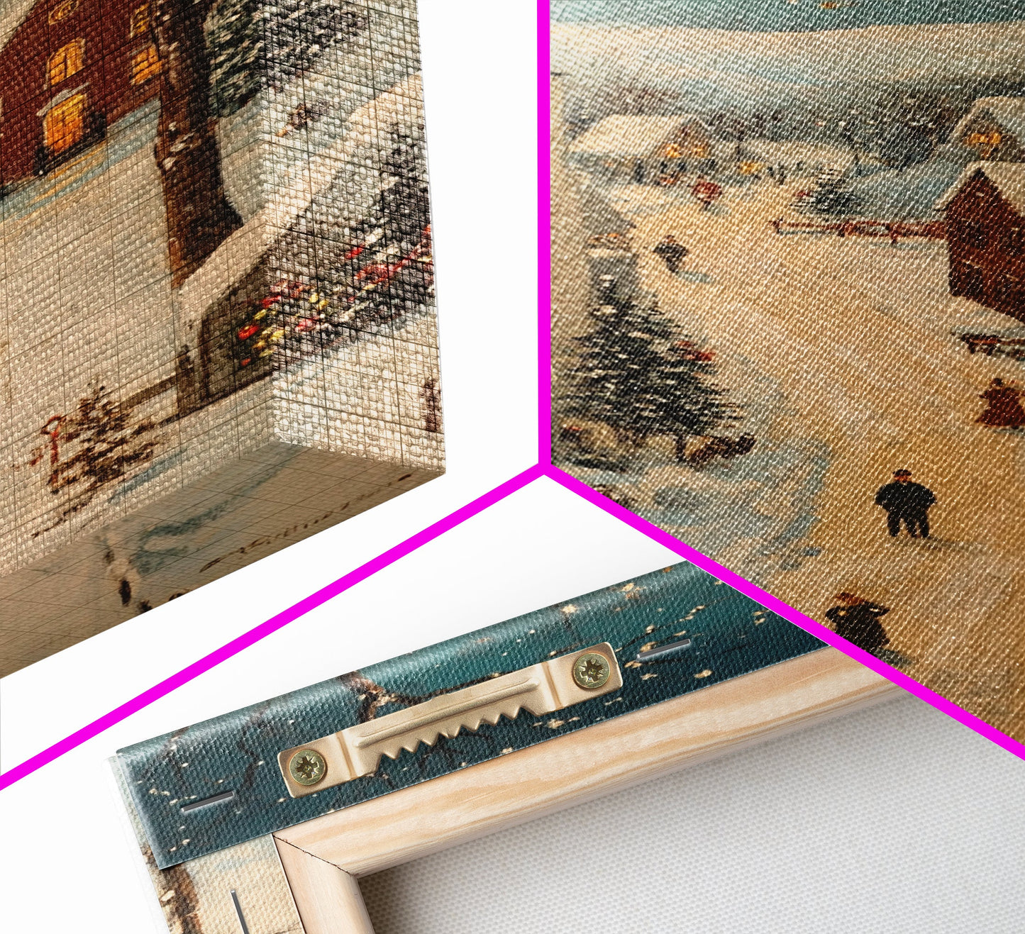 Full Moon on Christmas Even, Framed Canvas Print, Vintage Christmas Oil Painting Print, Christmas Village Wall Art, Christmas Sign, Christmas Art