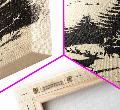 Sketch of Reindeer In The Snow Canvas Print - Framed Canvas - Minimalist Christmas Art - Boho Christmas Art - Rustic Christmas Art