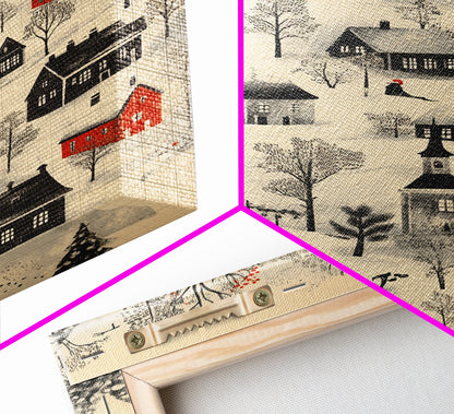 Sketch of a Christmas Village Canvas Print - Framed Canvas - Minimalist Christmas Art - Boho Christmas Art - Rustic Christmas Art