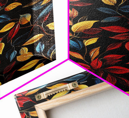 Botanical Fall Leaves Art Print On Canvas with Wood Frame, Black Background, Retro Style Home Decor