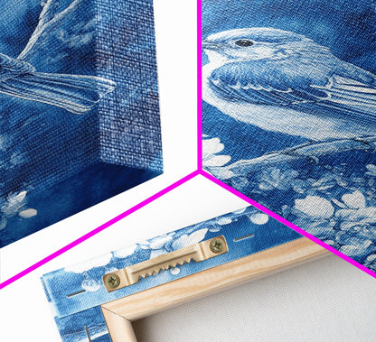 Blue Botanial Wall Art Chinoiserie Wall Art, White Bird, Blue Chinoiserie Home Decor, Botanical Print, Bird Painting, Ready To Hang