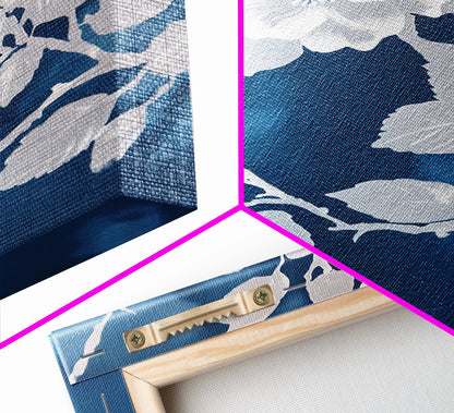 White Flowers on Blue Background Framed Canvas Print, Chinoiserie Wall Art, Boho Decor, Minimalist Wall Art, Boho Home Decor