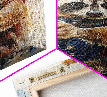 Rootin' Tootin' Racoon Cowboy, Framed Canvas Print, Ready to Hang, Racoon Painting