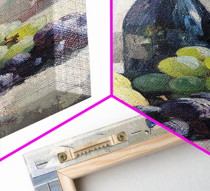 Still Life Of Grapes and Wine, Framed Canvas Print, Antique Style Fruit Still Life Oil Painting Print, Kitchen Decor, Rustic Farmhouse Kitchen Art