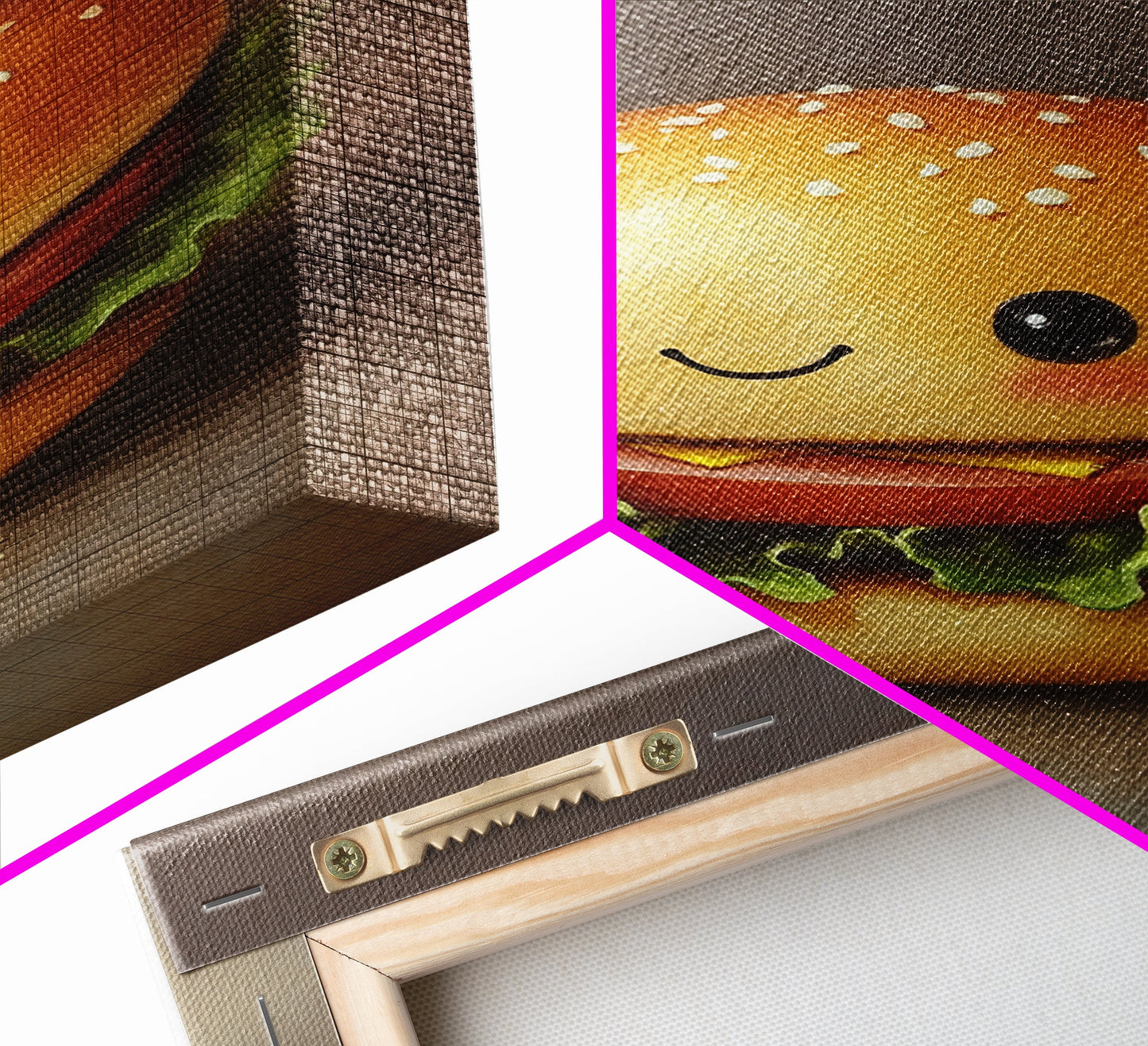 Kawaii Hamburger Canvas Print, Cute Hamburger Painting, Veggie Burger, Kawaii Wall Art, Kawaii Decor