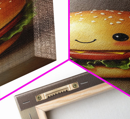 Kawaii Hamburger Canvas Print, Cute Hamburger Painting, Veggie Burger, Kawaii Wall Art, Kawaii Decor