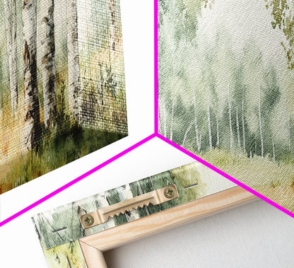 Silver Birch Trees in Spring Panoramic Canvas Print, Panoramic Painting, Aspen Trees Painting, Forest Landscape Horizontal Wall Art