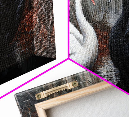 Black and White Swan Form  A Heart, Framed Canvas Print, Swan Painting, Black Swan Art, Dark Romance, Panoramic Art, Gothic Art