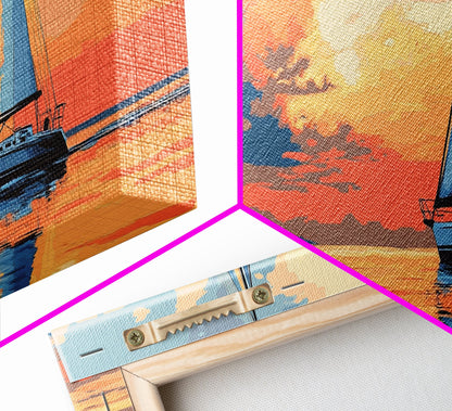 Retro Sailboat Painting Print Framed Canvas - Pop Art Sailboat Painting - Sailboat Wall Art - Nautical Landscape Ocean Painting - Home Decor