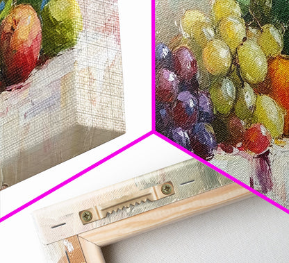 Still Life of Grapes, Fruit and Wine, Framed Canvas Print, Eclectic Kitchen Home Decor, Kitchen Wall Art, Dining Room Wall Art, Art For Kitchen