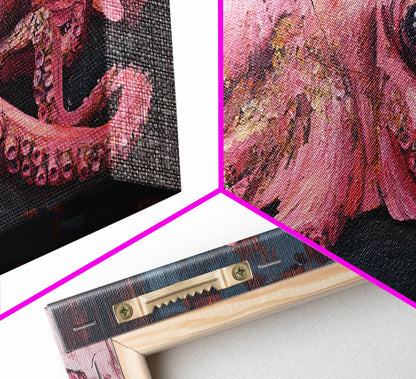 Pink Octopus Framed Canvas Print - Wabi Sabi Style Minimalist Wall Art - Octopus Painting