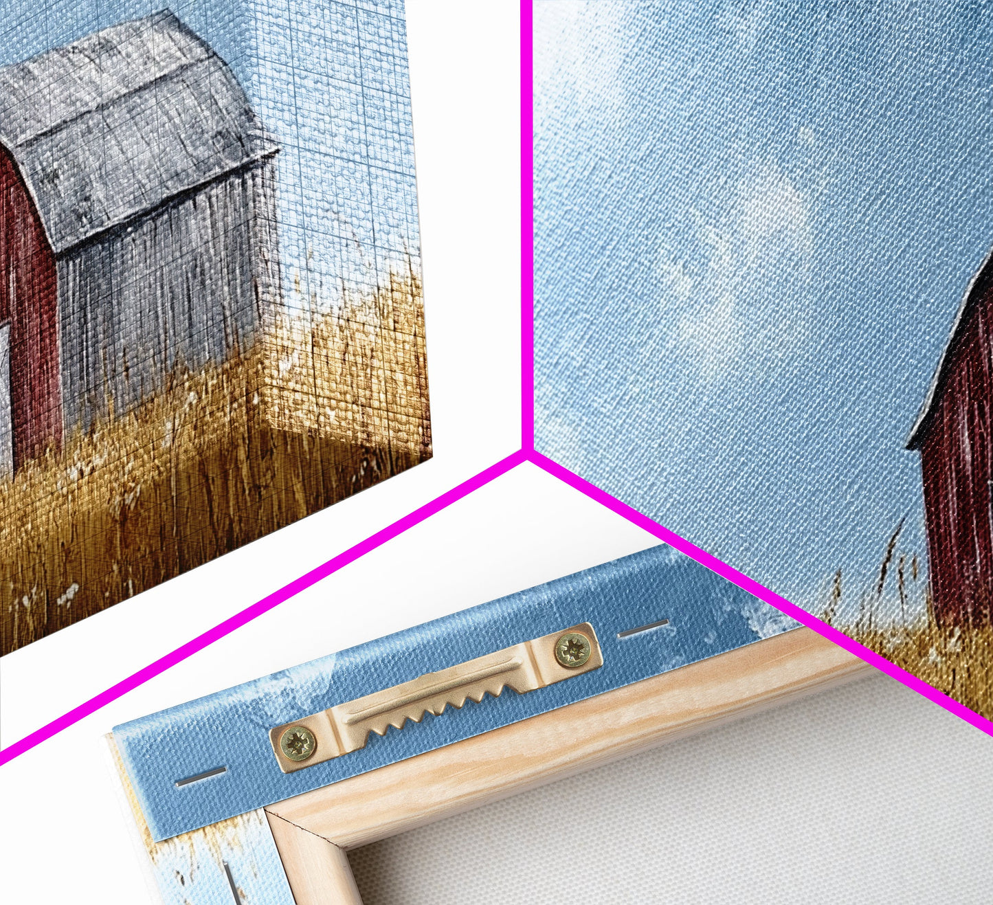 Old Building Farm In A Wheat Field, Framed Canvas Painting Print, Panoramic Rural Landscape Wall Art Rustic Barn Country Side Ready To Hang