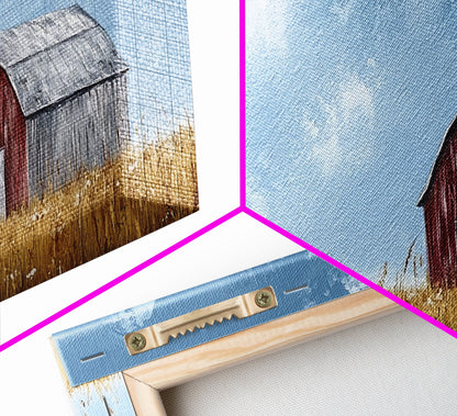 Old Building Farm In A Wheat Field, Framed Canvas Painting Print, Panoramic Rural Landscape Wall Art Rustic Barn Country Side Ready To Hang