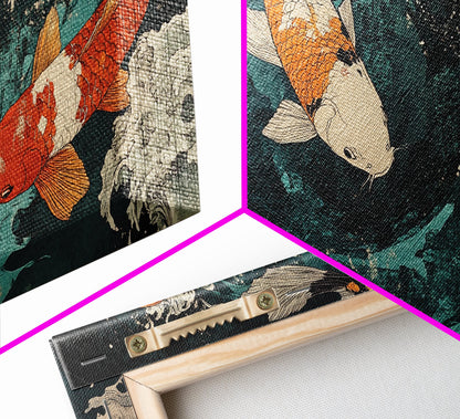 Large Oil Painting of Koi Fish Canvas Print, Vibrant Koi Fish Wabi Sabi Japanese Style Artwork, Minimalist Home Decor Living Room Wall Art