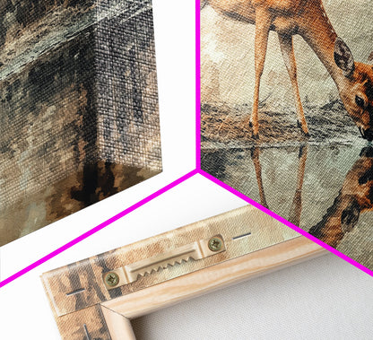 Reflection of a Deer Drinking Water - Framed Canvas Print - Cute Farmhouse Wall Art - Farmhouse Decor