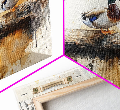 Rustic Duck Painting Canvas Print, 3 Ducks On A Log, Framed Canvas Nature Painting, Landscape Painting, Nature Art, Meadow Painting Cabin Art