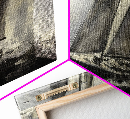 Black and White Charcoal Sketch Print of a Sailboat In a Storm, Framed Canvas Print, Nautical Wall Art, Nautical Home Decor