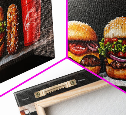 Burger and Fries Framed Canvas Print, Kitchen Canvas Art, Kitchen Wall Art, Burger Painting, Burger Art, Dining Room Wall Art