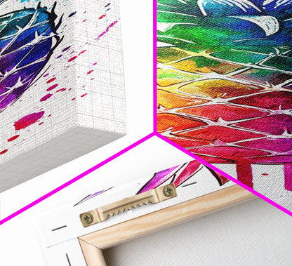 Pineapple painting vibrant wall art framed canvas print, colorful tropical art, kitchen decor, unique pop art style, perfect gift idea