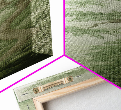 Misty Green Botanical Scene - Framed Canvas Print Showcasing Wabi Sabi Art Style with Tranquil Tree Landscape