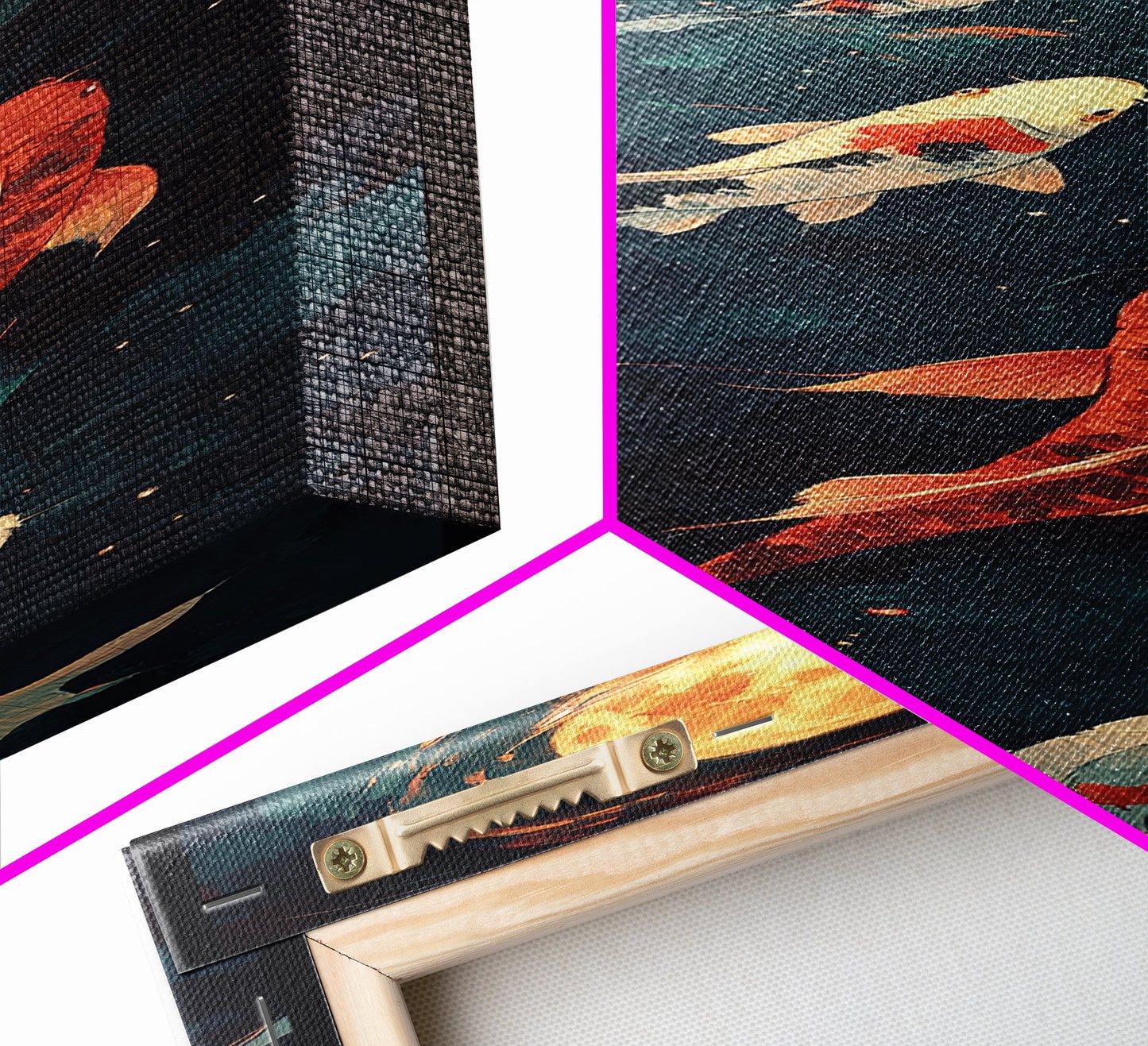 Koi Fish Under a Full Moon, Framed Canvas Print, Wabi Sabi Home Decor, Funky Boho Wall Art, Tall Skinny Art, Narrow Tall Wall Art