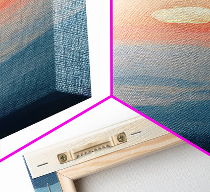 Wabi Sabi Sunset Oil Painting Print, Framed Canvas, Coastal Decor, Sunrise Over The Mountains, Boho Style Wall Art, Tall Narrow Wall Art