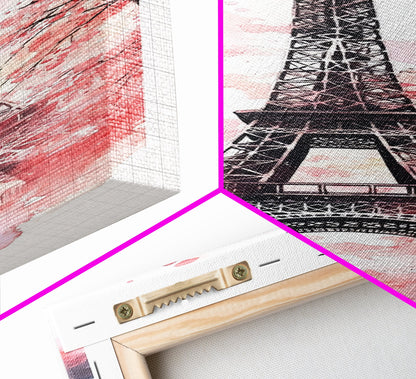 Eiffel Tower Wall Art Framed Canvas Print, Cherry Blossom Painting Vertical Paris Decor, Pink Dorm Art, French Travel-Inspired Gift