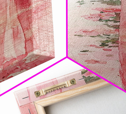 Pink Floral Curtains Framed Canvas Print Whimsical Art Light Pink Wall Art Vertical Wall Art Minimalist Art Rustic Decor Gift