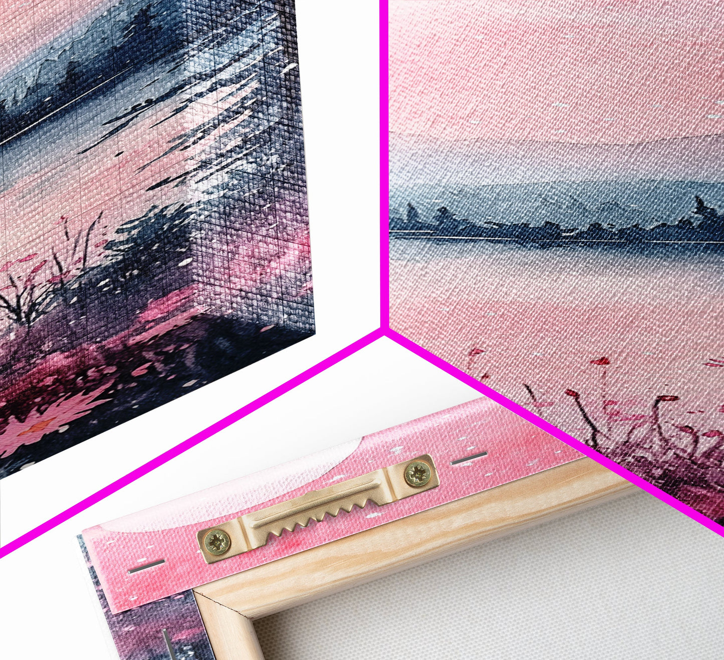 Moonlit Pink Forest Canvas Print, Moody Mountain Landscape Painting, Wildflower Rustic Vertical Wall Art, Cozy Living Room Decor