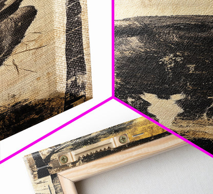 Modern Bull Artwork Framed Canvas Print, Rustic Animal Wall Art, Farmhouse Decor, Vertical Skinny Art, Pine Tree Moonlight Scene