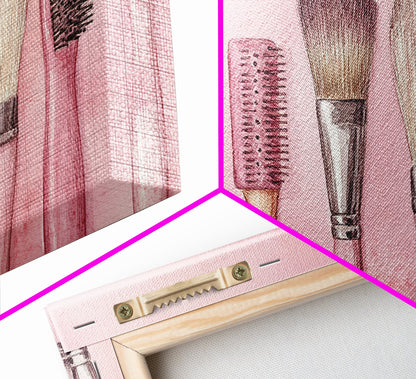 Makeup Brush Art Framed Canvas Print, Light Pink Chinoiserie Wall Art Whimsical Decor, Minimalist Art Rustic Wall Gift Idea