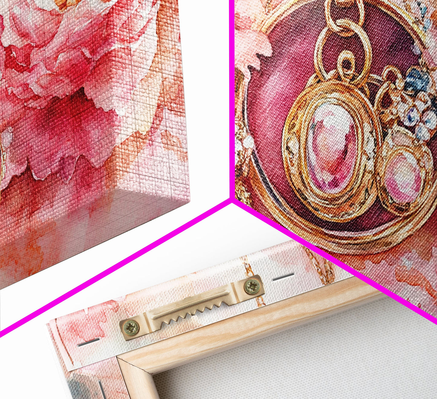 Leinwanddruck mit rosafarbenem Edelsteinschmuck, feminin-elegantes Kunstwerk, glamouröses Rosenbild, Wanddekoration fürs Wohnzimmer, einzigartiges Deko-Geschenk