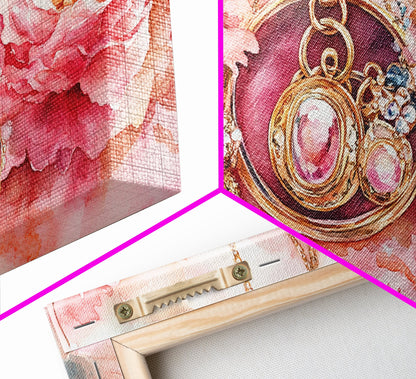 Leinwanddruck mit rosafarbenem Edelsteinschmuck, feminin-elegantes Kunstwerk, glamouröses Rosenbild, Wanddekoration fürs Wohnzimmer, einzigartiges Deko-Geschenk