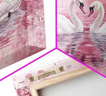 Swan Reflection Watercolor Framed Canvas Print, Romantic Wildlife Art, Cherry Blossom Wall Art, Rustic Farmhouse Decor, Bedroom Art