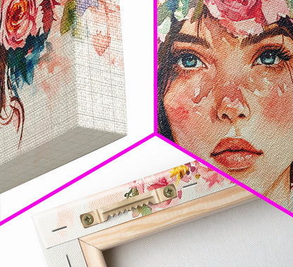 Floral Crown Canvas Print | Goddess Art Print | Pink Abstract Art | Romantic Woman Art | Boho Bedroom Decor Framed Canvas Print