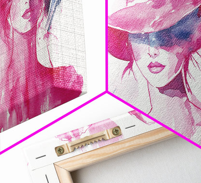 Elegant Hat Ladies Canvas Print, Feminine Pink Abstract Art with Fashion Illustration, Unique Gift Idea for Her Wall Decor