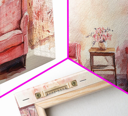Cozy Pink Living Room Canvas Print with Chairs and Floral Decor, Perfect Rustic Wall Art for Fall or Above Couch Decor, Farmhouse Style